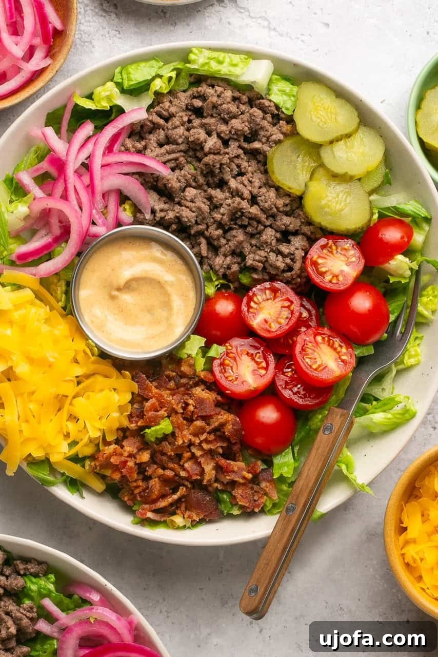 a cheeseburger bowl with pickles, ground beef, tomatoes, bacon, cheese, pickled onions, lettuce and Big Mac sauce