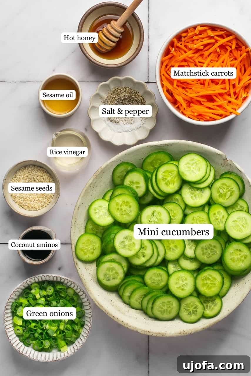 Refreshing Cucumber Carrot Crunch 3 A meticulously arranged display of recipe ingredients, each neatly portioned in small, clear bowls and clearly labeled for easy identification. Components include fresh cucumbers, vibrant carrots, green onions, sesame seeds, and the distinct liquids for the dressing.