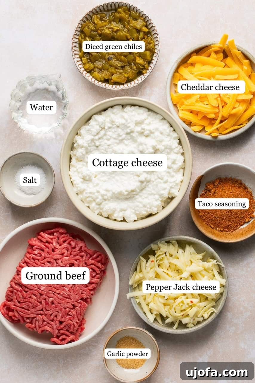 The Viral High-Protein Cottage Cheese Queso: Healthy Dip Perfection 3 recipe ingredients in small bowls and labeled