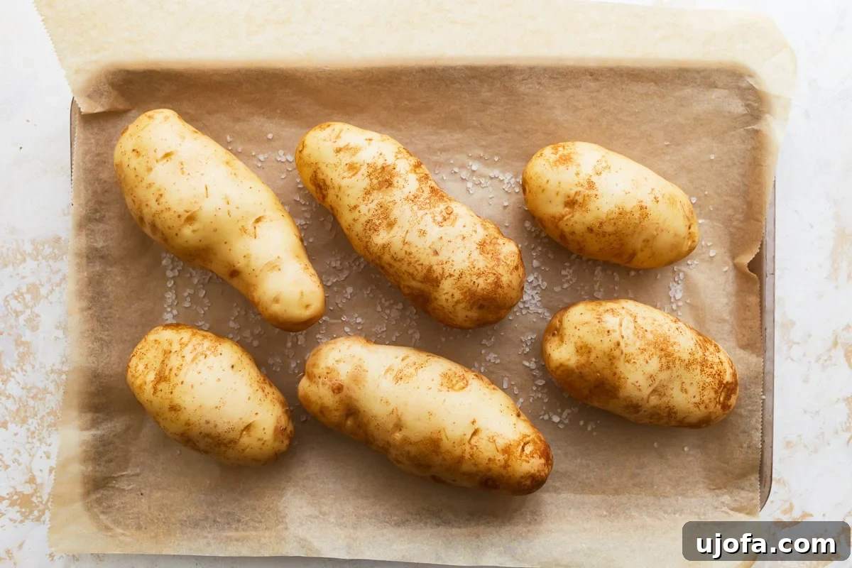 Fluffy Gluten Free Gnocchi 8 baked potatoes on a baking sheet.