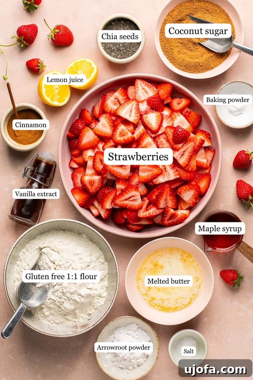 Sweet & Simple Gluten-Free Strawberry Crumble 4 A curated display of recipe ingredients, neatly arranged in small bowls and clearly labeled for easy identification.