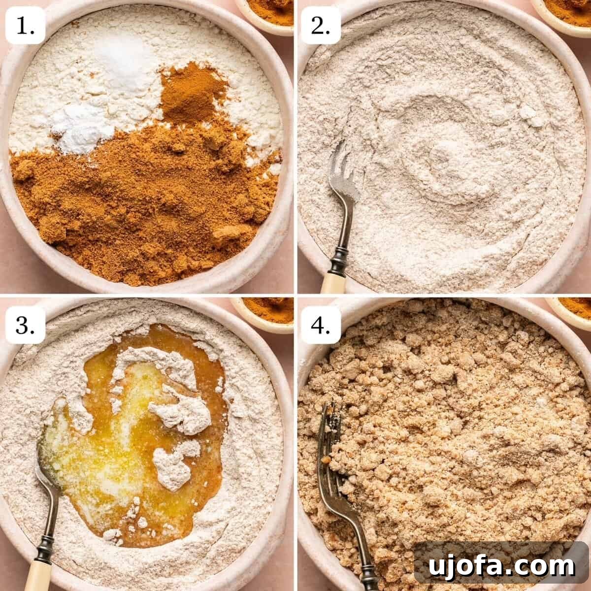 Sweet & Simple Gluten-Free Strawberry Crumble 5 A series of four numbered step-by-step photos illustrating the process of preparing the crumble topping, from mixing dry ingredients to adding butter and achieving a crumbly texture.