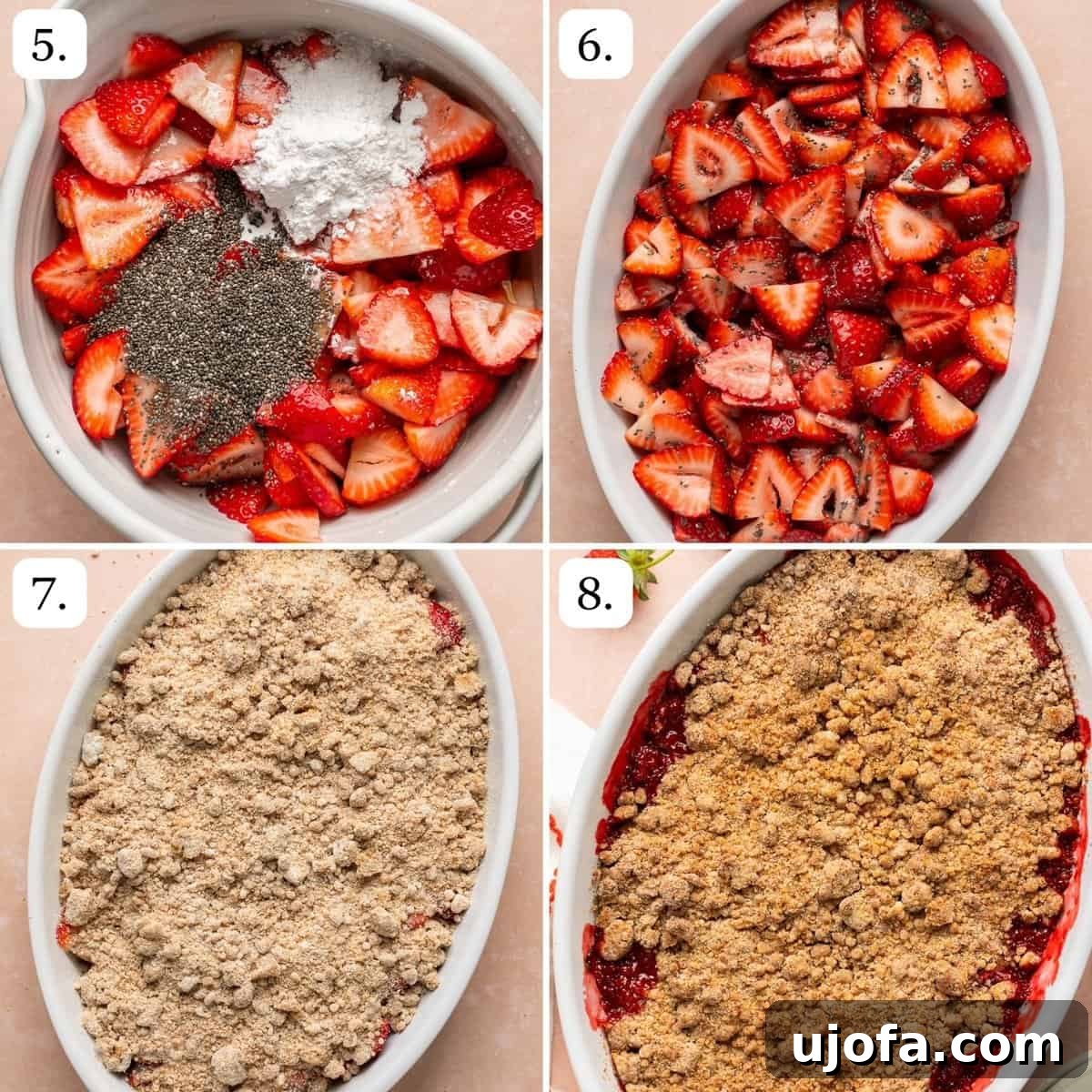 Sweet & Simple Gluten-Free Strawberry Crumble 6 A series of numbered step-by-step photos illustrating the assembly of the strawberry crumble, from mixing the filling to layering it with the topping in a baking dish.
