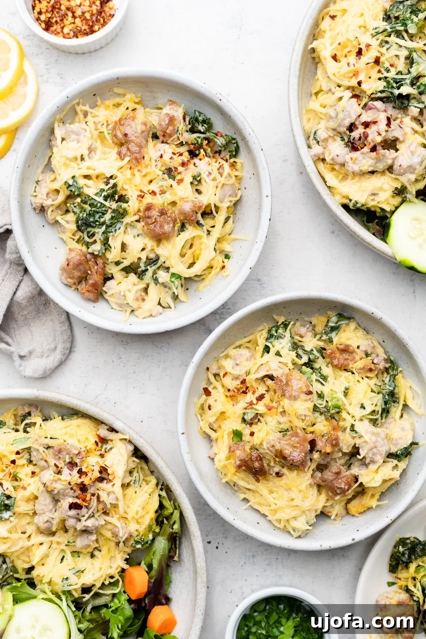 Rustic Tuscan Spaghetti Squash Bake 3 Two bowls of tuscan spaghetti squash casserole with sausage and kale