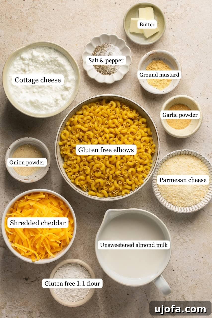 Labeled recipe ingredients for cottage cheese mac and cheese laid out in small bowls.