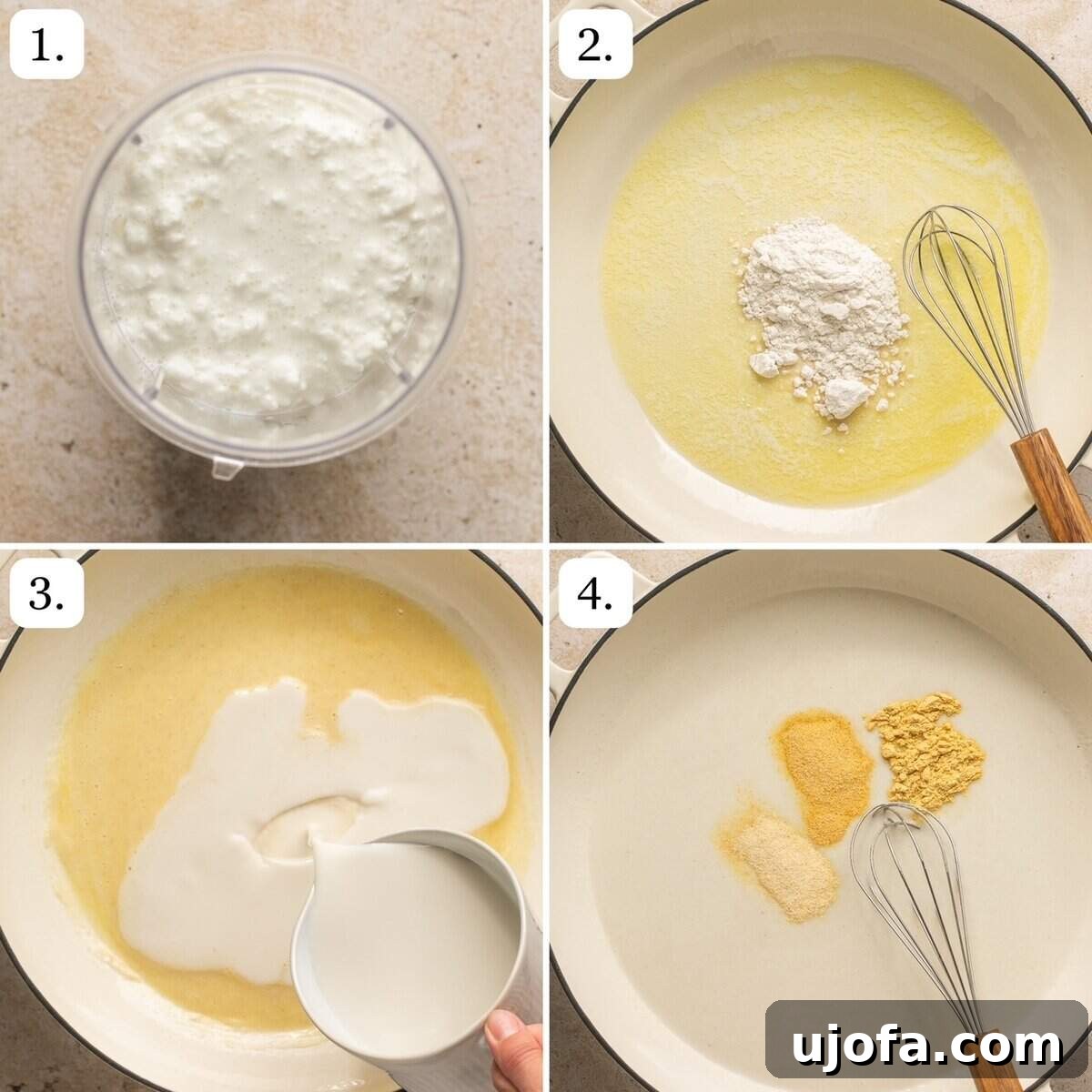 Numbered step-by-step photos illustrating the process of making the creamy cheese sauce.