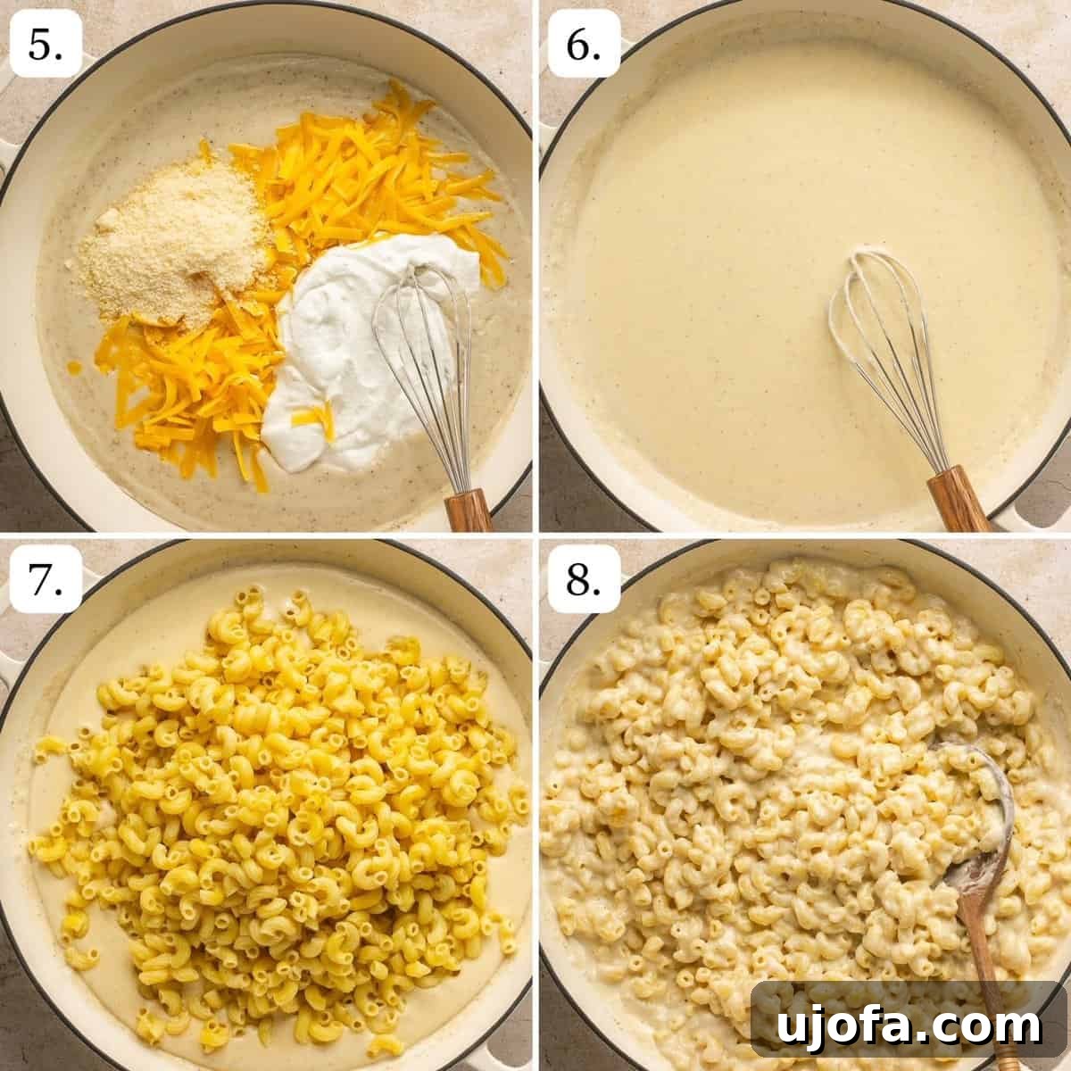 Numbered step-by-step photos illustrating how to combine the cheese sauce and cooked pasta.