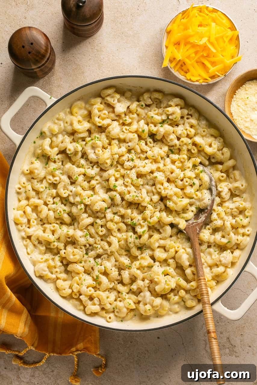 An overhead shot of a large pot of high protein cottage cheese mac and cheese, ready to be served.