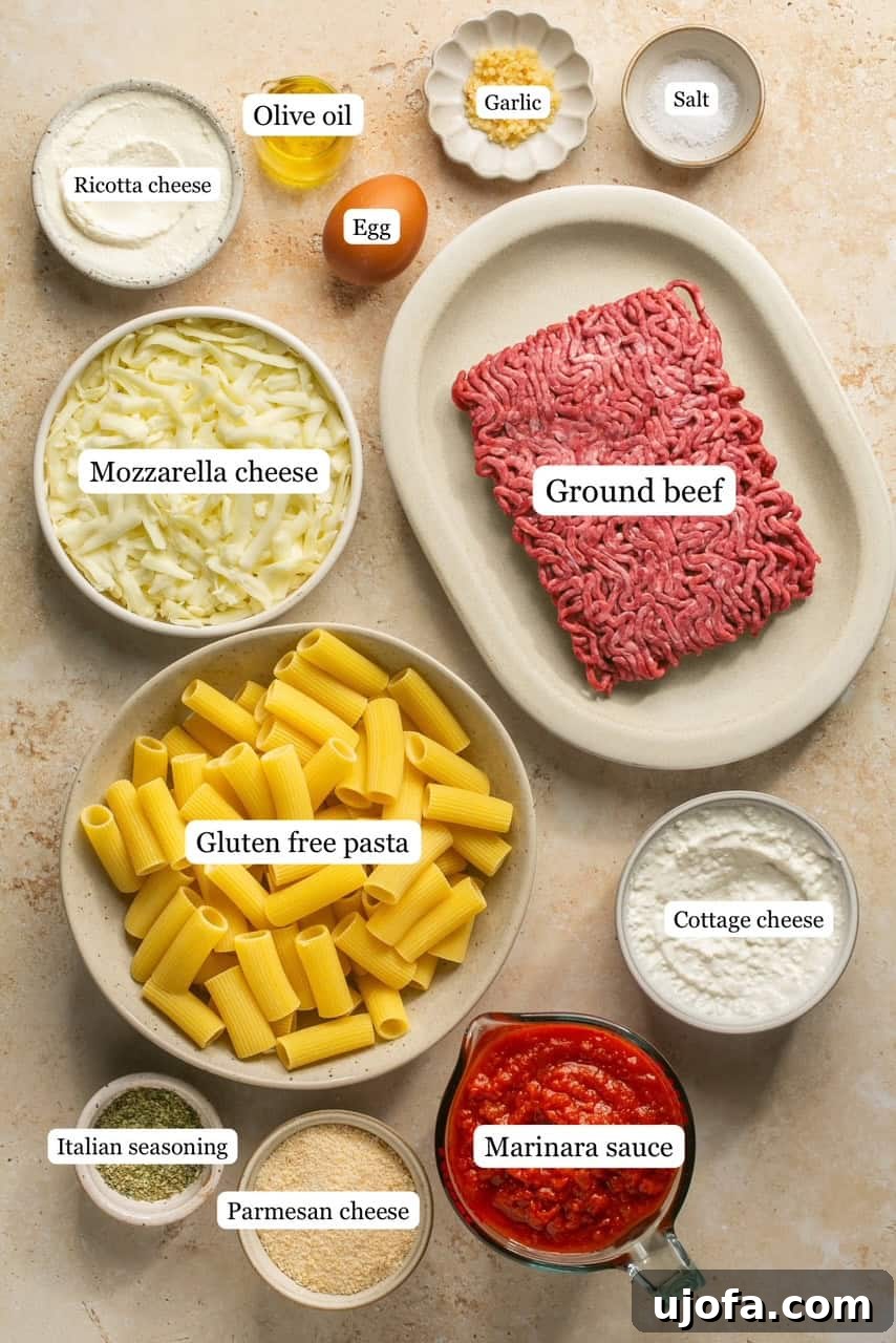 Super Simple Cheesy Lasagna Bake 3 Assorted lasagna ingredients displayed in small bowls and clearly labeled, including pasta, ground beef, marinara, and various cheeses.
