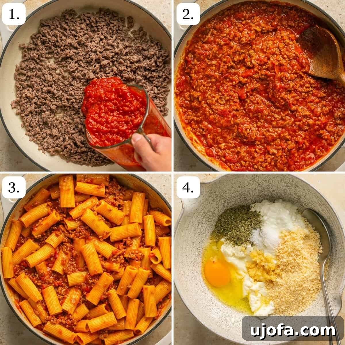 Super Simple Cheesy Lasagna Bake 4 Numbered step-by-step photos illustrating the preparation of the meat and pasta sauce for lazy lasagna.