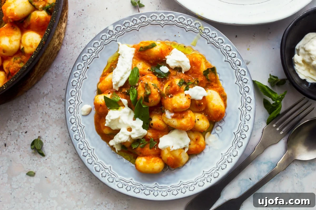 Pillowy Gluten-Free Gnocchi in Zesty Tomato Sauce 2 gluten-free gnocchi in tomato sauce in a white bowl topped with cheese and basil