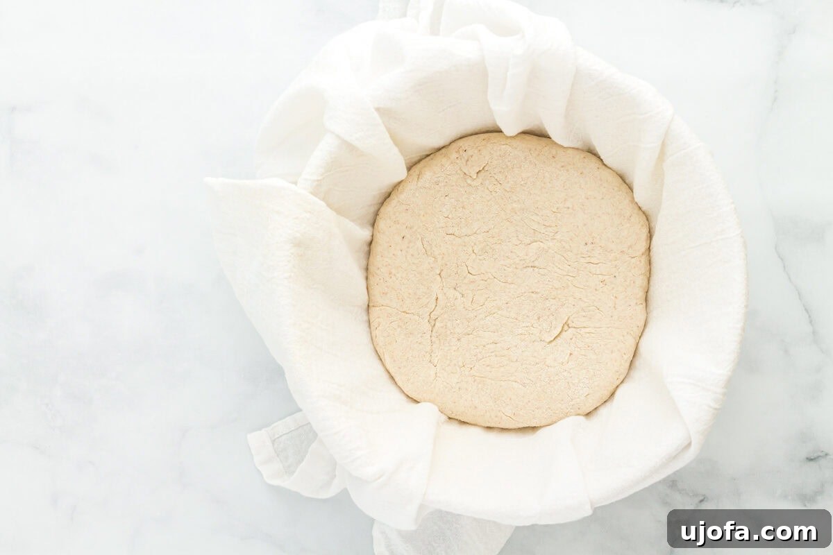 The Art of Gluten-Free Sourdough 10 Gluten-free sourdough bread dough placed smooth-side down in a round bowl lined with a tea towel, ready for proofing.