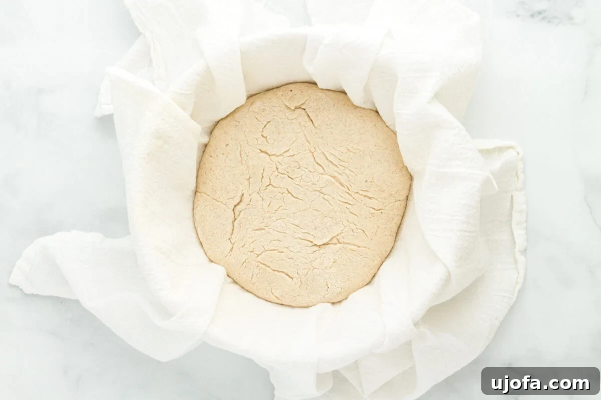 The Art of Gluten-Free Sourdough 11 Risen gluten-free sourdough bread dough in a tea towel-lined bowl, showing a puffy texture after proofing.