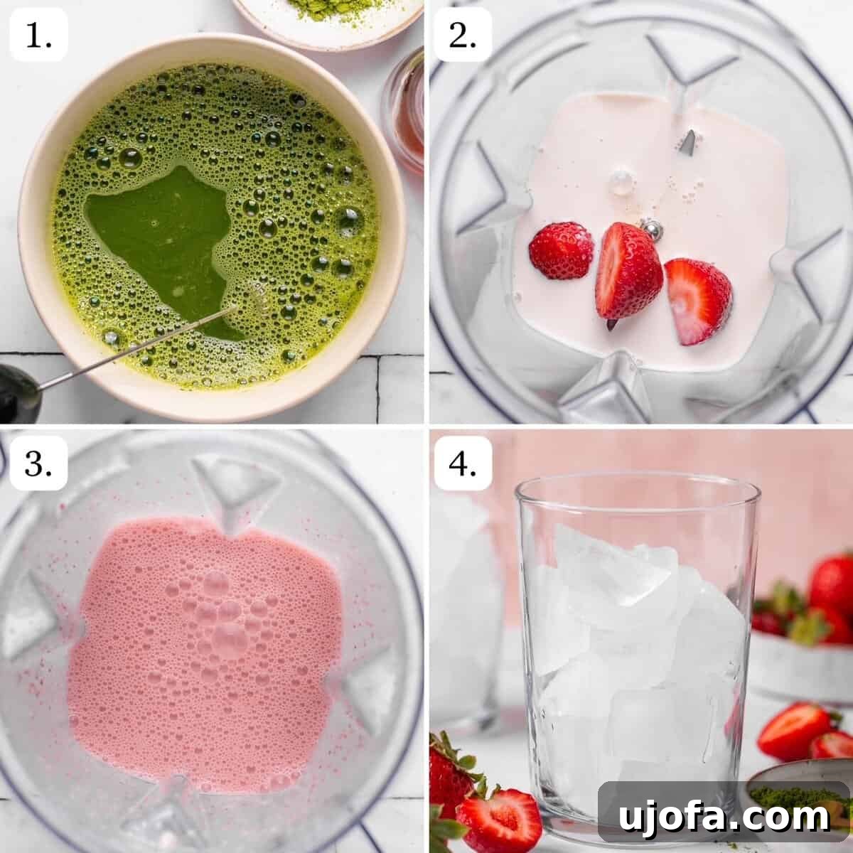 Numbered step-by-step photos illustrating the process of preparing matcha and blending the strawberry cold foam.