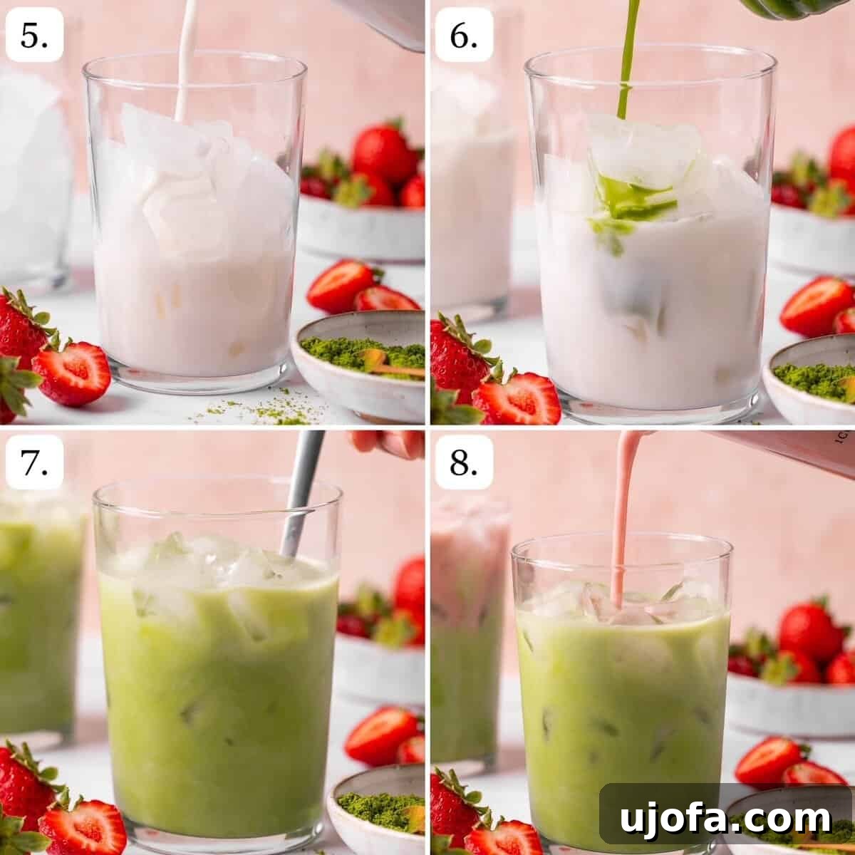 Numbered step-by-step photos demonstrating how to layer and assemble the iced strawberry matcha tea latte.
