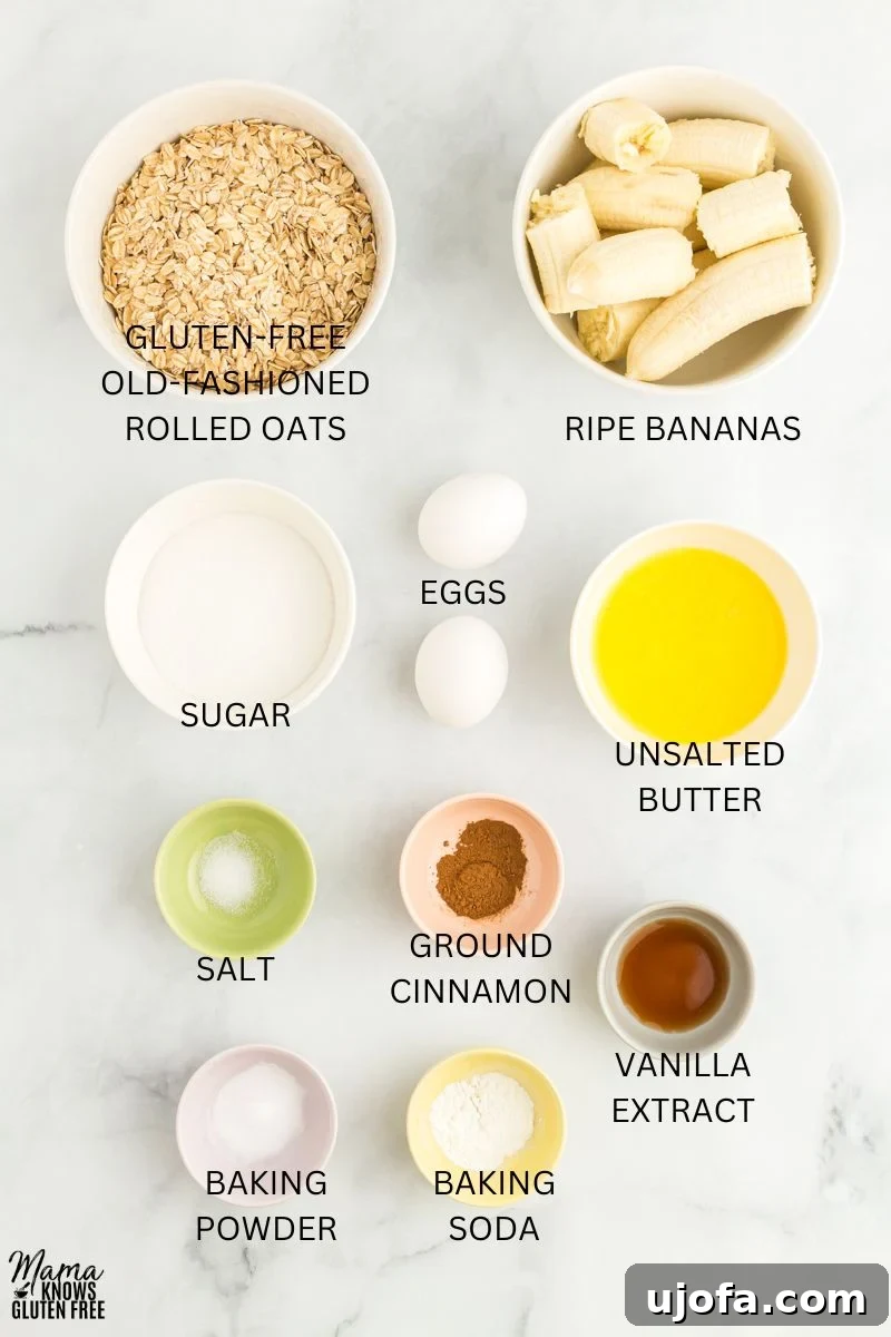 Wholesome Banana Bliss 3 All the flourless banana bread recipe ingredients laid out on a kitchen counter, including ripe bananas, oats, butter, and spices.