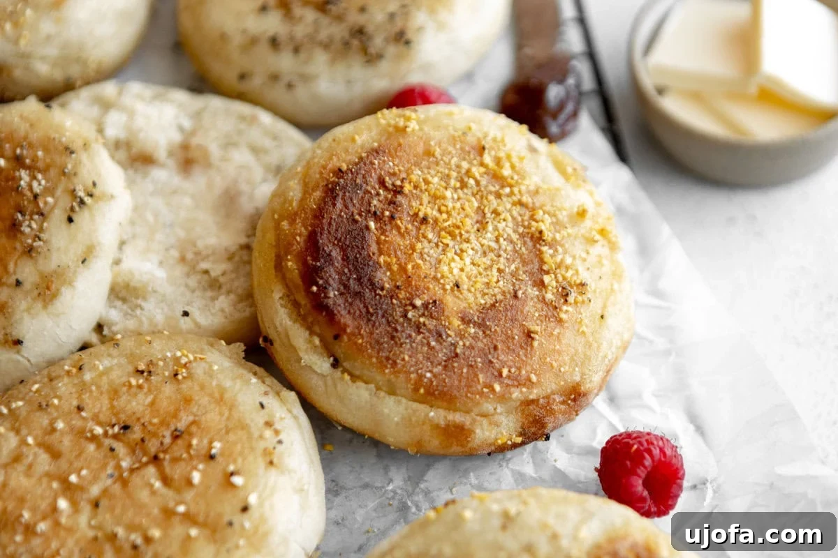 Gluten-free English muffins on parchment paper with raspberries, showcasing their craggy tops.