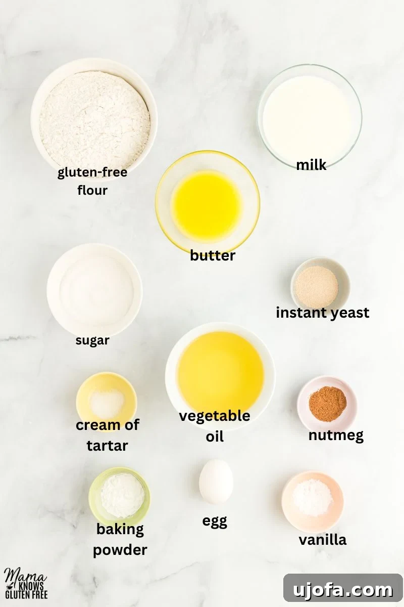 Heavenly Gluten-Free Yeast Donuts 3 Ingredients for gluten-free yeast donuts laid out on a table, including flour, sugar, yeast, milk, and butter.