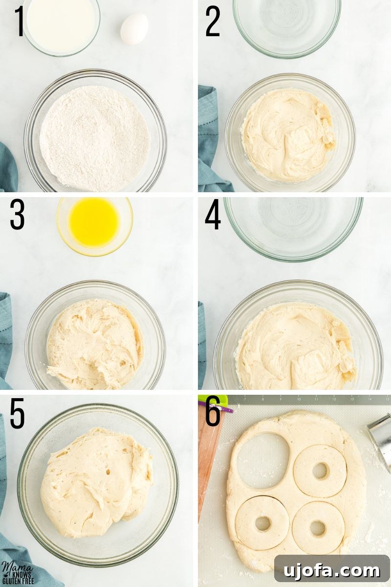 Heavenly Gluten-Free Yeast Donuts 4 Step-by-step photos illustrating the process of making gluten-free yeast donuts, from dough preparation to frying.