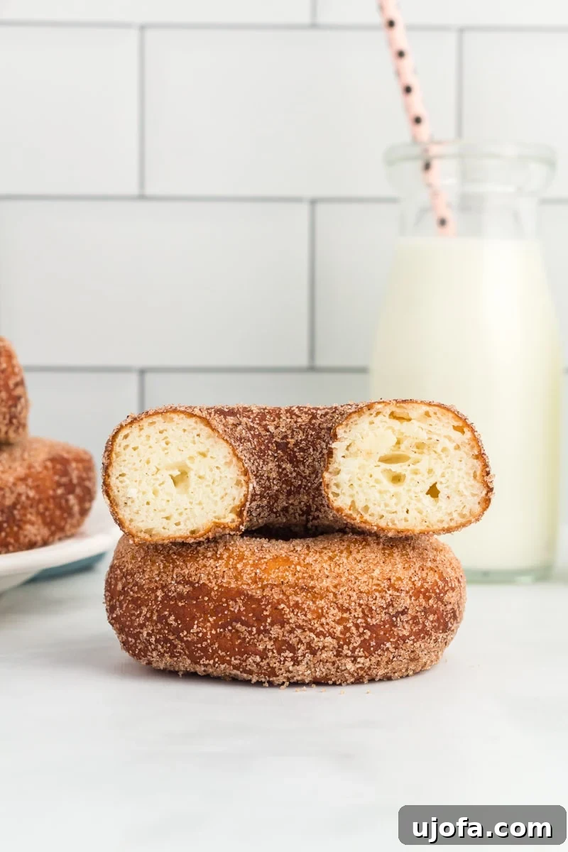 Heavenly Gluten-Free Yeast Donuts 6 Stacked gluten-free yeast donuts coated in cinnamon sugar, showcasing their irresistible texture.