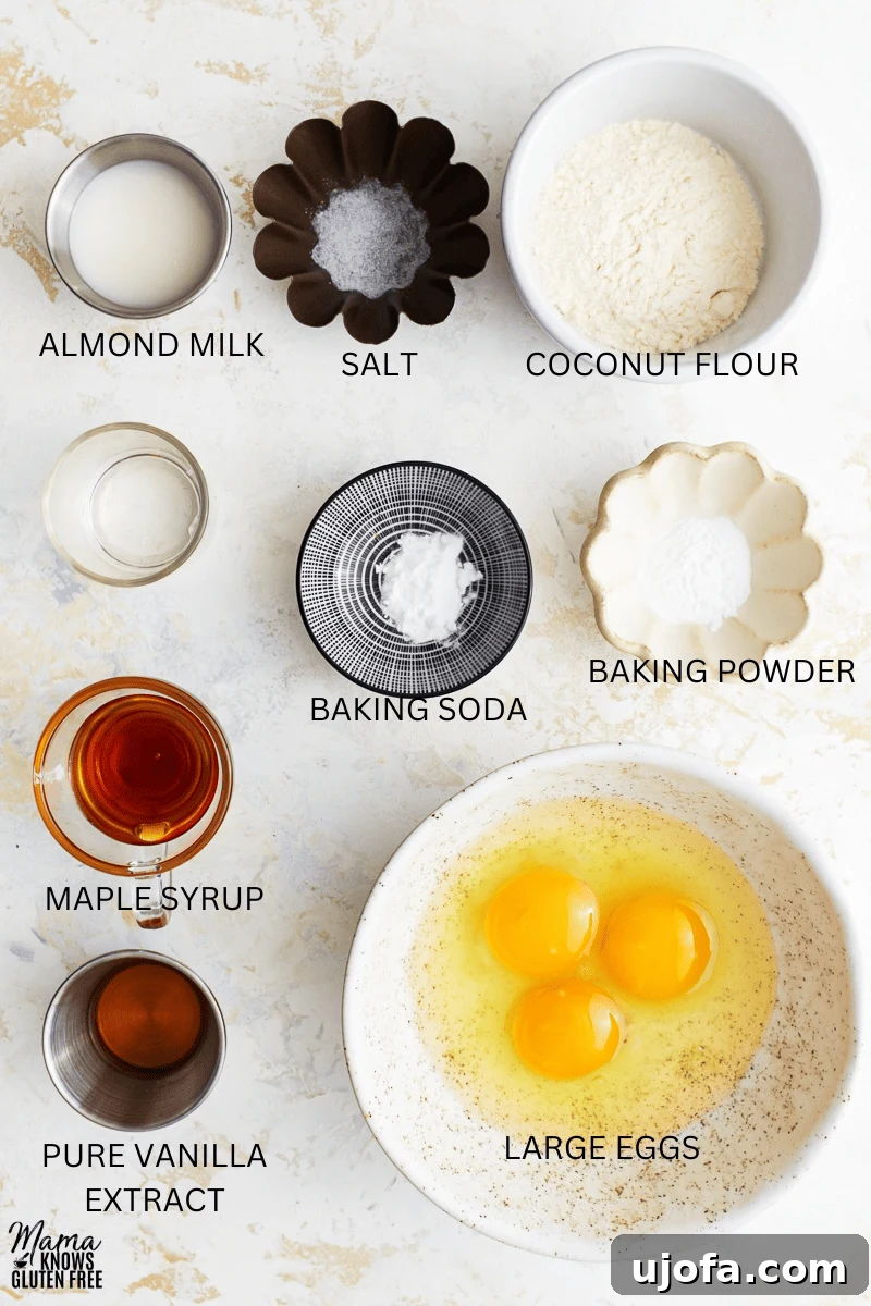 Individual ingredients for making coconut flour pancakes laid out on a table: coconut flour, baking powder, baking soda, salt, eggs, almond milk, coconut oil, maple syrup, and vanilla extract.