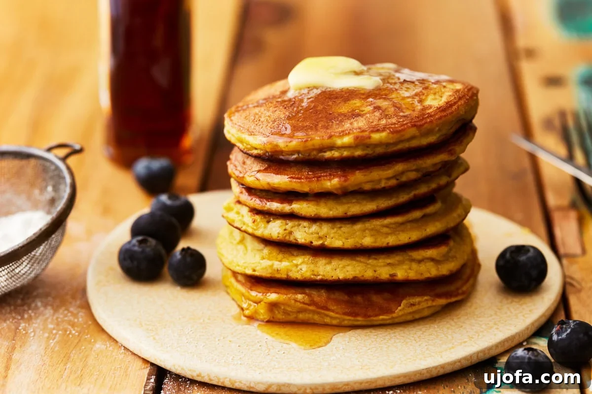 A stack of golden brown coconut flour pancakes on a white plate, garnished with a pat of butter and fresh blueberries, ready for a healthy breakfast.