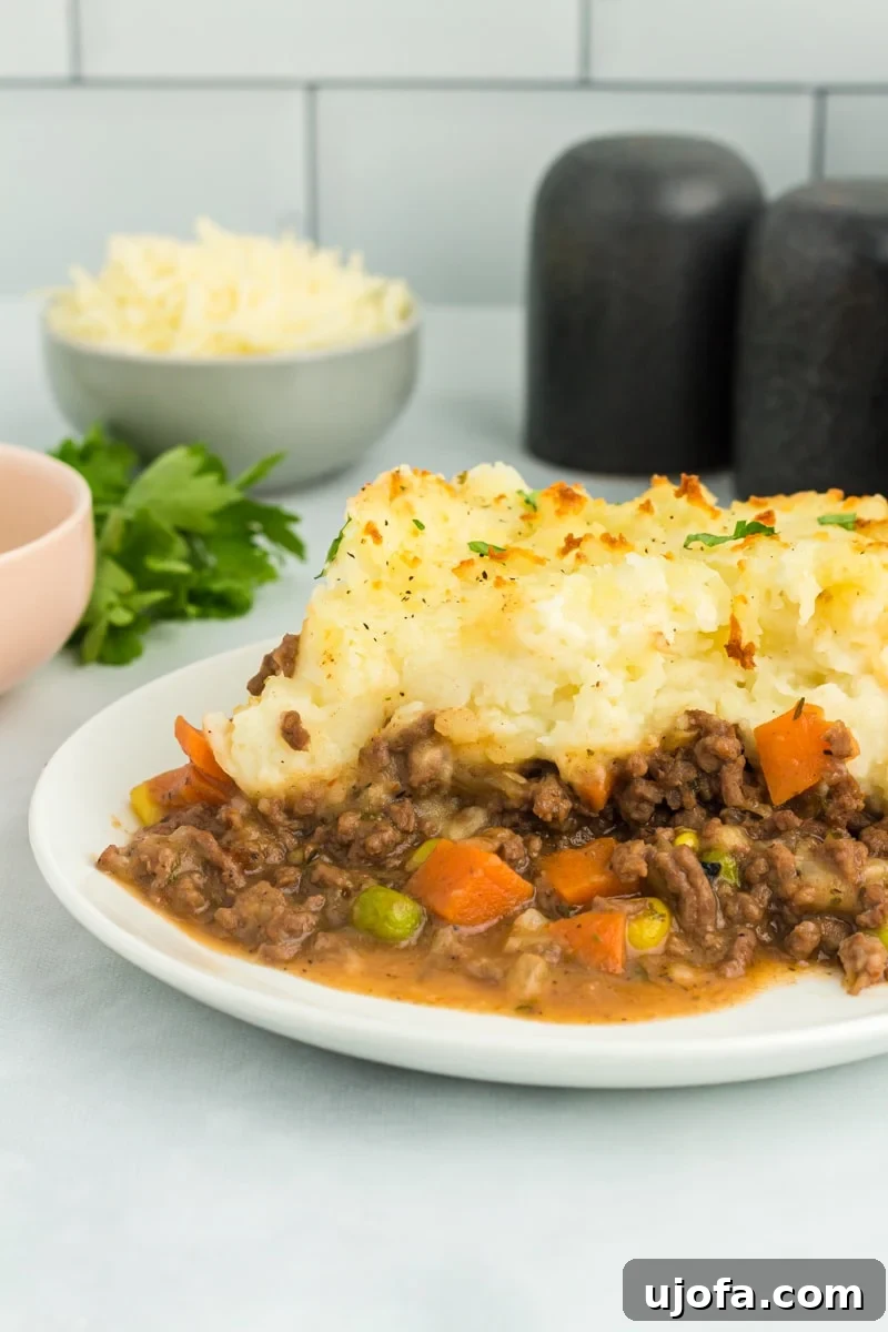 Hearty Gluten-Free Shepherd's Pie 2 A perfectly portioned serving of golden-brown gluten-free shepherd's pie on a white plate, showcasing the fluffy mashed potato topping and rich meat and vegetable filling.