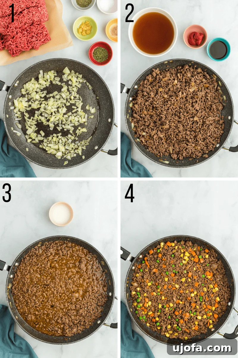 Hearty Gluten-Free Shepherd's Pie 4 Step-by-step photos illustrating the preparation of the meat filling for shepherd's pie.