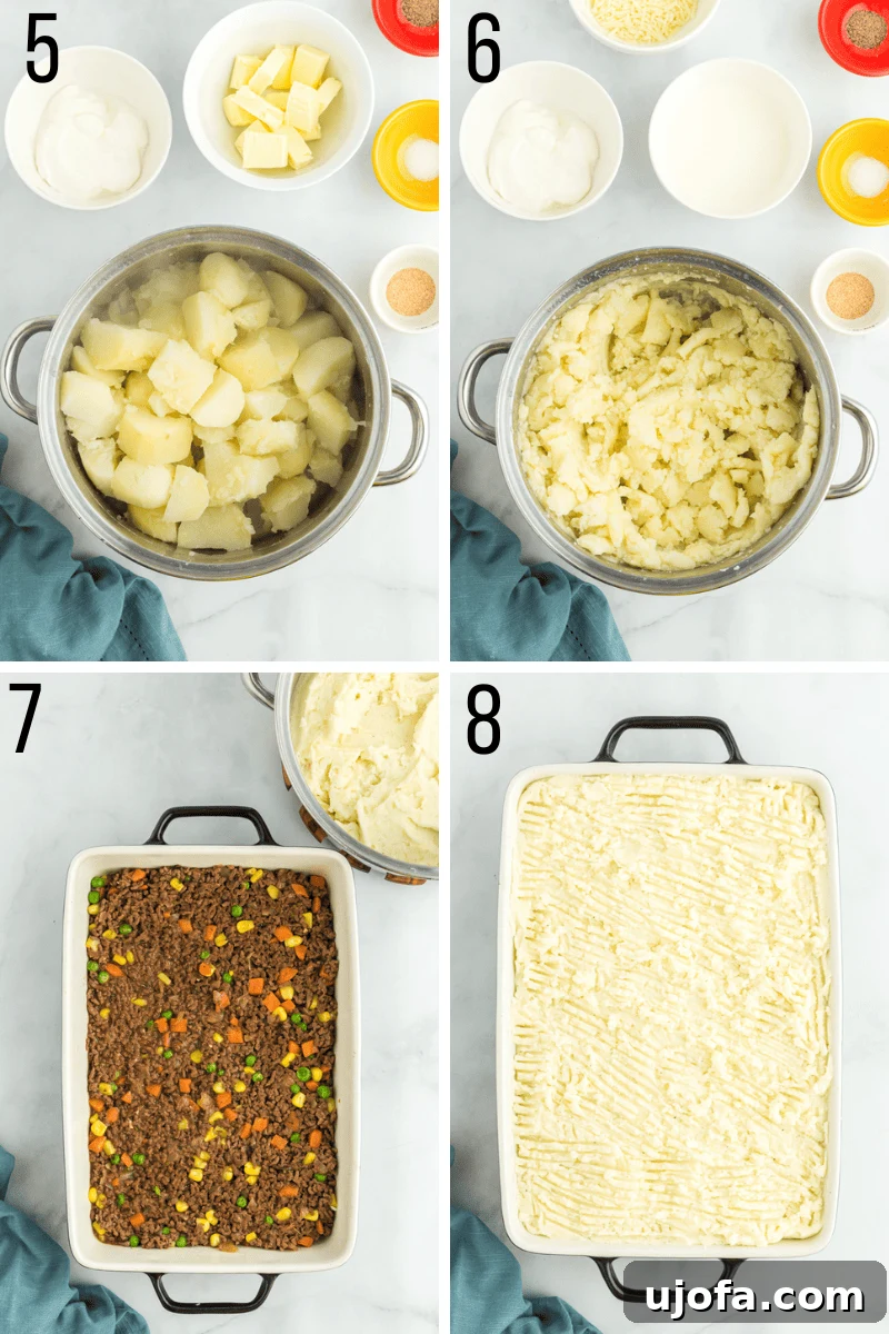Hearty Gluten-Free Shepherd's Pie 5 Step-by-step photos detailing the preparation of the mashed potato topping for shepherd's pie.