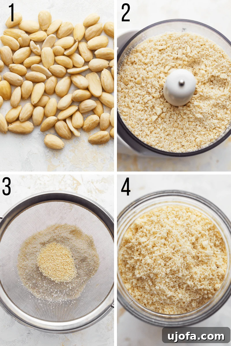 A step-by-step visual guide demonstrating how to make almond flour, from whole almonds to fine flour.