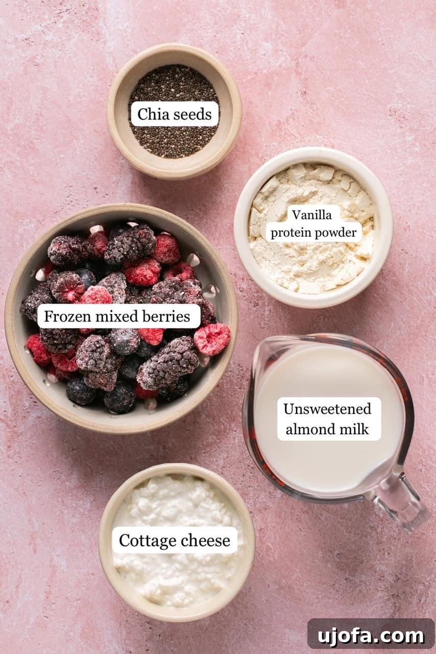 Recipe ingredients laid out in small bowls, clearly labeled, preparing for blending.