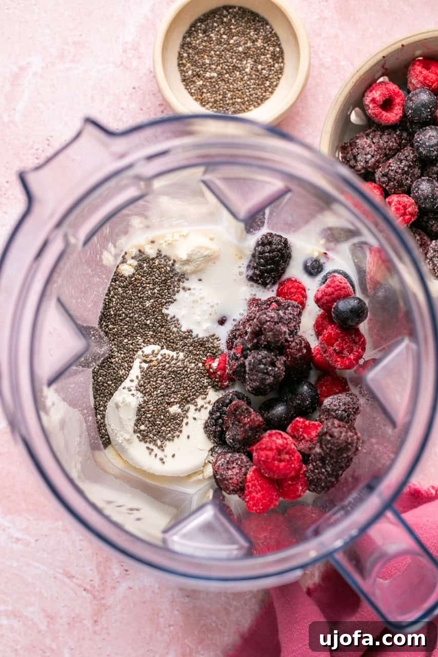 All recipe ingredients placed into a blender, ready to be processed.