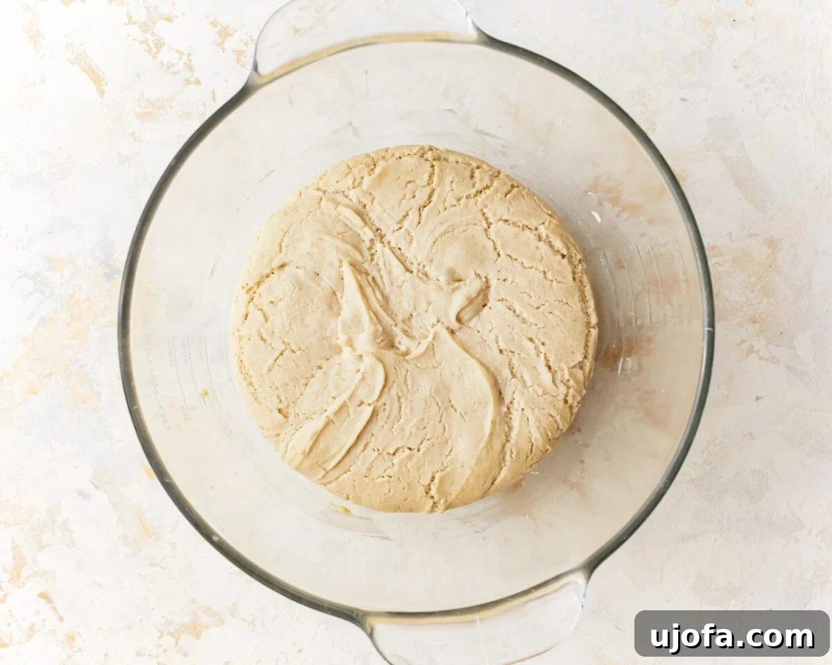 Gluten-free pizza dough after rising, showing a light and airy texture with visible cracks on the surface, indicating successful proofing.