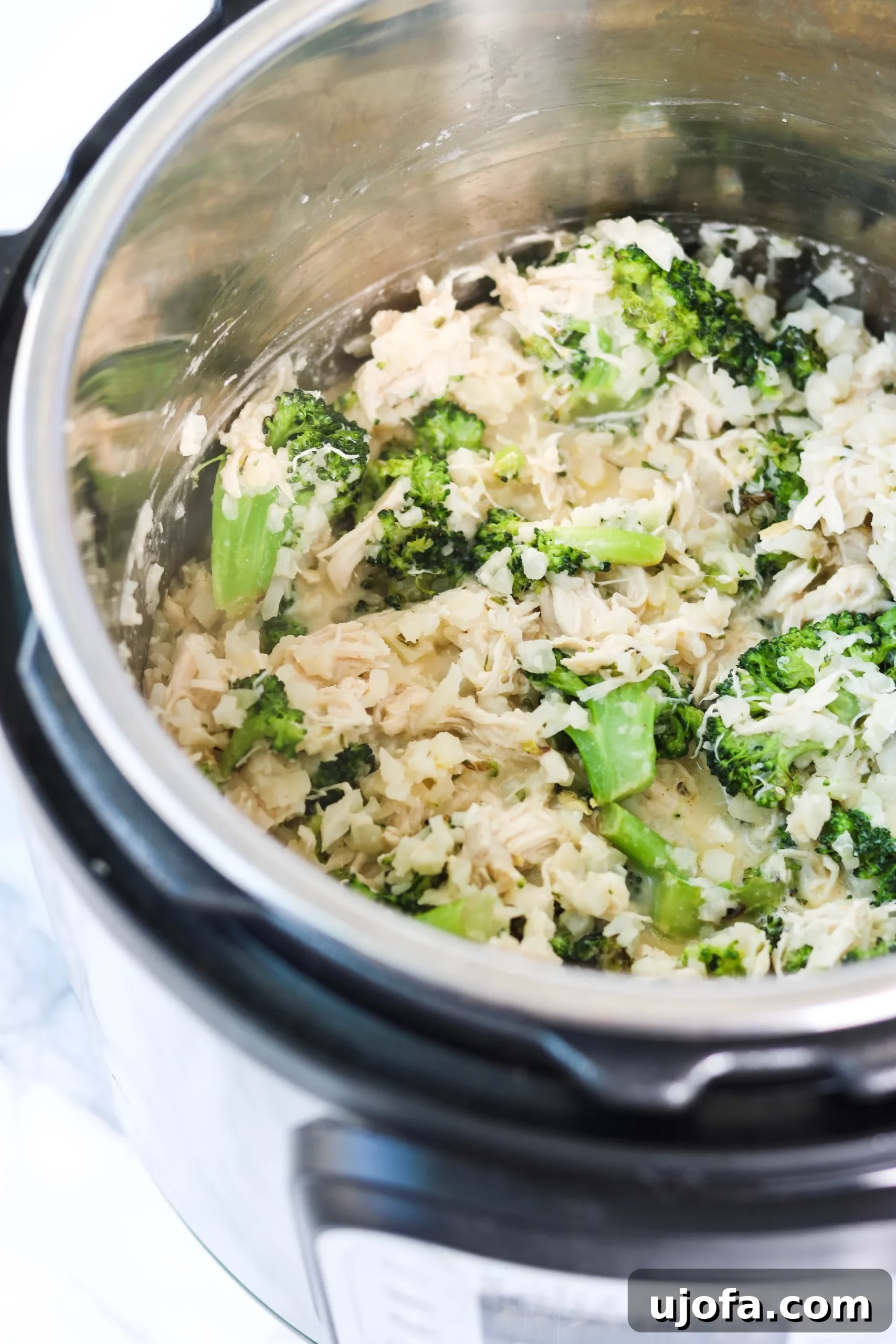 Hazırlanmış Instant Pot tavuklu brokoli ve pirinç güveci tabağı