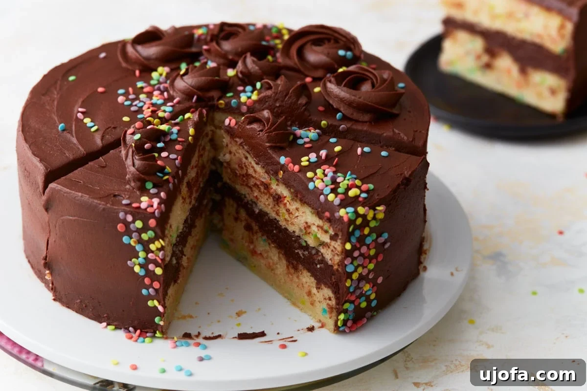 Delicious Gluten-Free Cake Delights 15 A gluten-free funfetti cake with a slice removed, showing the soft yellow cake with sprinkles and thick chocolate buttercream layers.