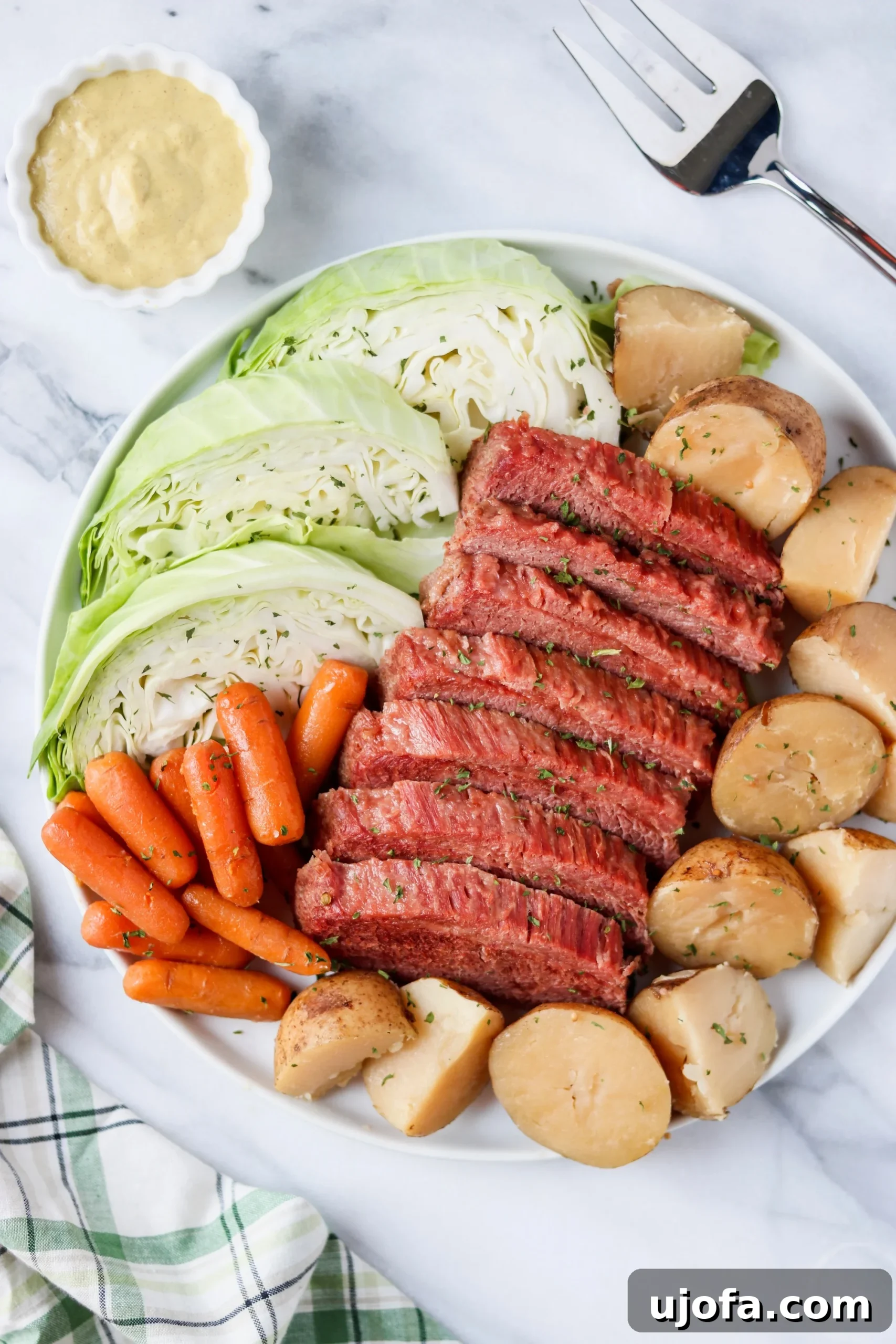 A vibrant platter of Slow Cooker Corned Beef and Cabbage with tender sliced beef, golden potatoes, bright carrots, and perfectly cooked cabbage.