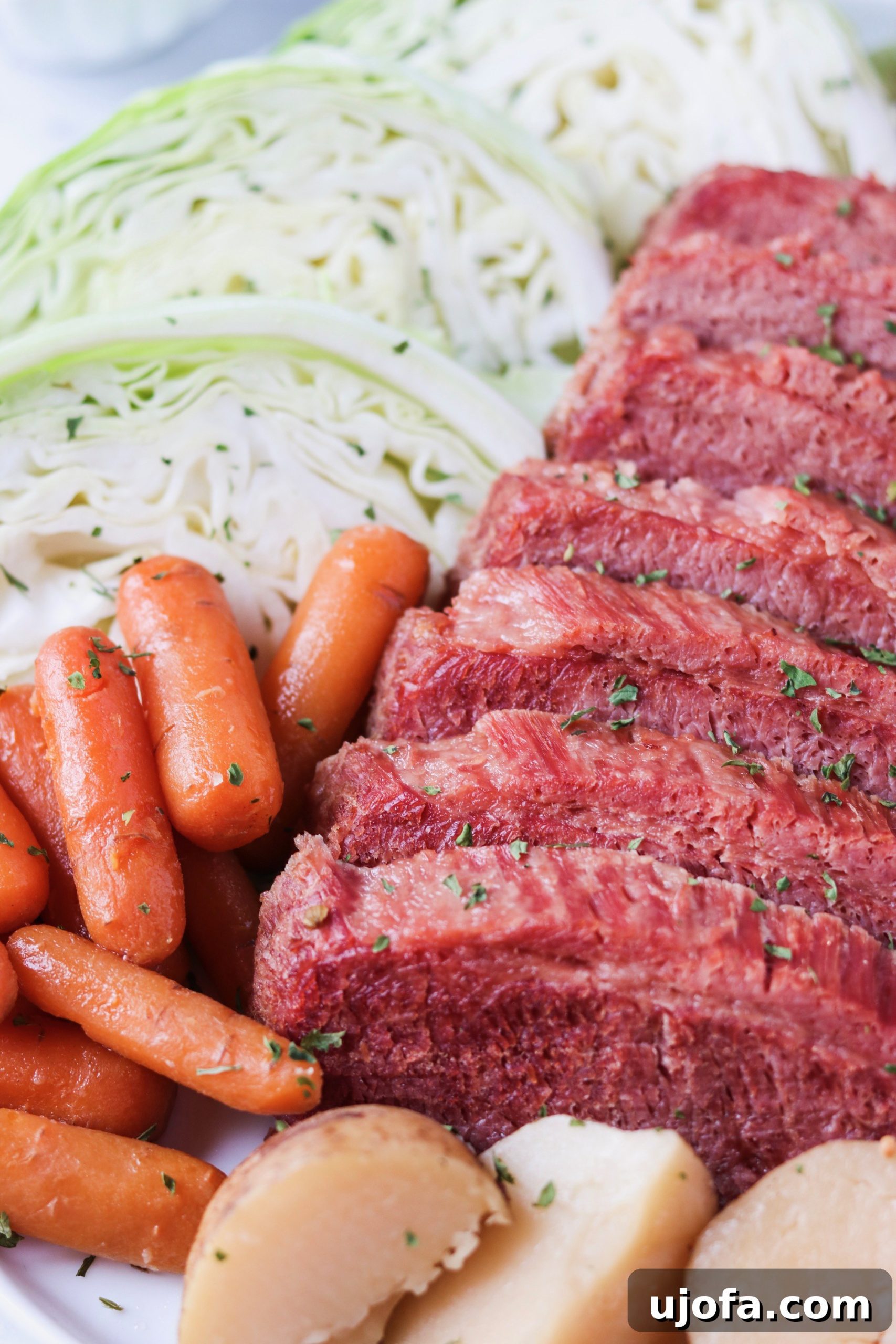 Close-up of perfectly tender corned beef brisket, ready for slicing, alongside aromatic herbs and spices.