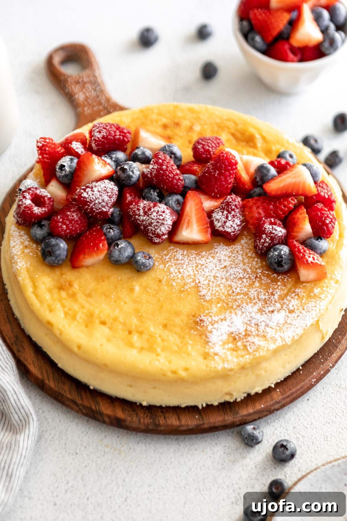 Silken Cheesecake 2 Crustless cheesecake on a cake board topped with fresh mixed berries and a dusting of powdered sugar, ready to be served.