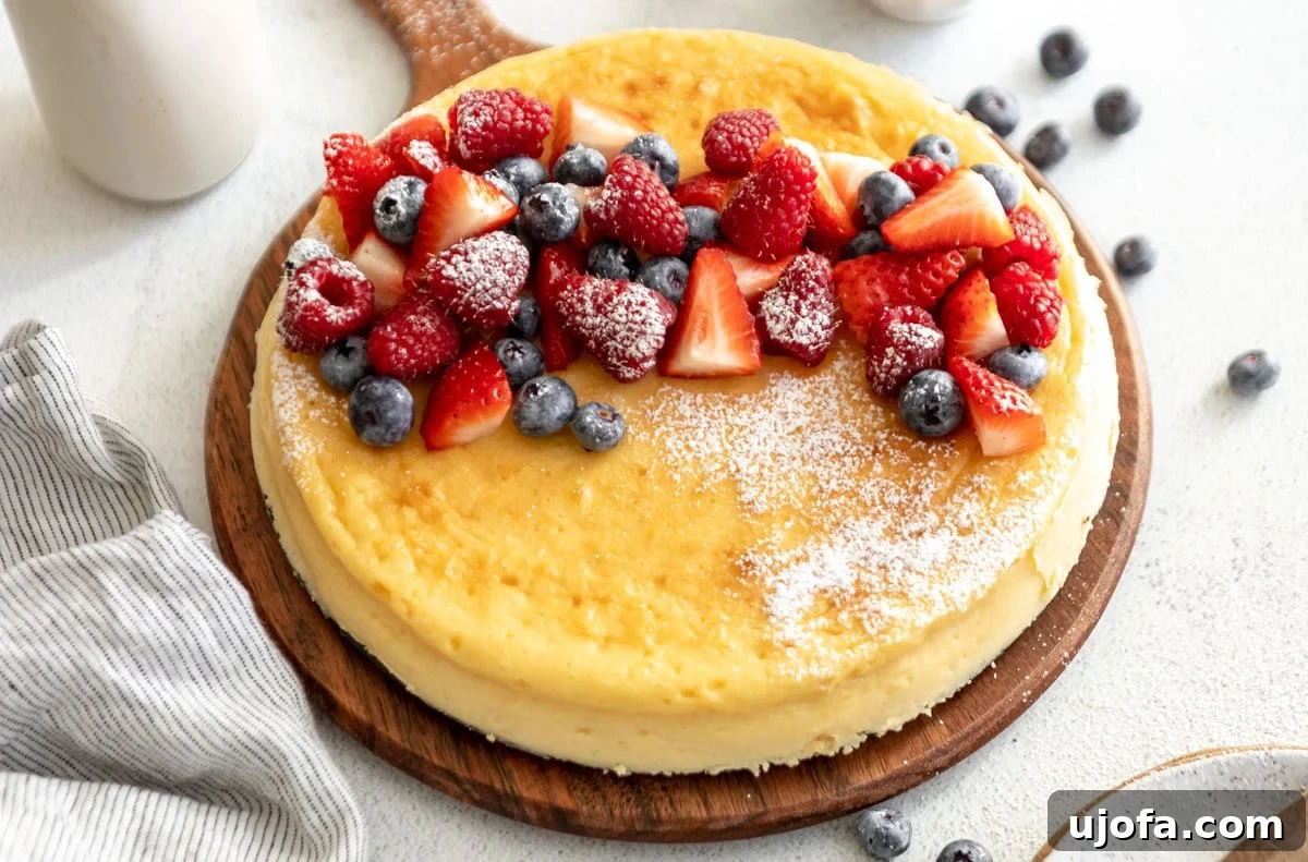 Silken Cheesecake 10 Finished crustless cheesecake on a wooden serving board, generously topped with fresh strawberries, raspberries, and blueberries, dusted with powdered sugar, ready for enjoyment.