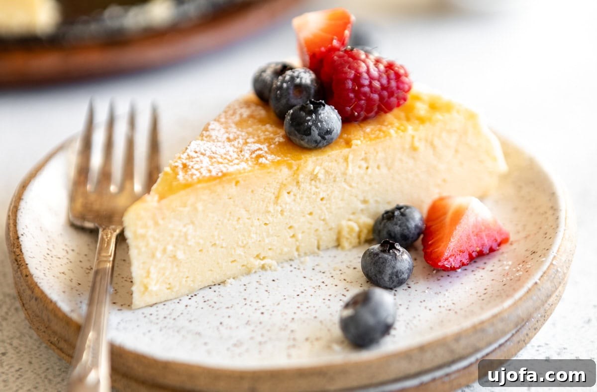 Silken Cheesecake 11 A perfectly sliced piece of crustless cheesecake on a speckled ceramic plate, elegantly garnished with fresh mixed berries and served alongside a fork.