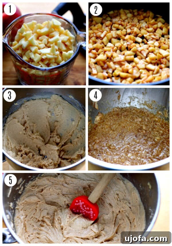 A visual guide featuring five step-by-step photos illustrating the process of making gluten-free apple pie blondies, from preparing apples to mixing the blondie batter.