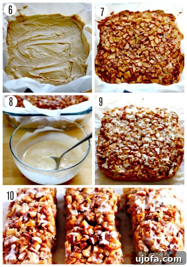 Four step-by-step photos showing how to assemble gluten-free apple pie blondies, including spreading batter, adding apple filling, and drizzling the final glaze.