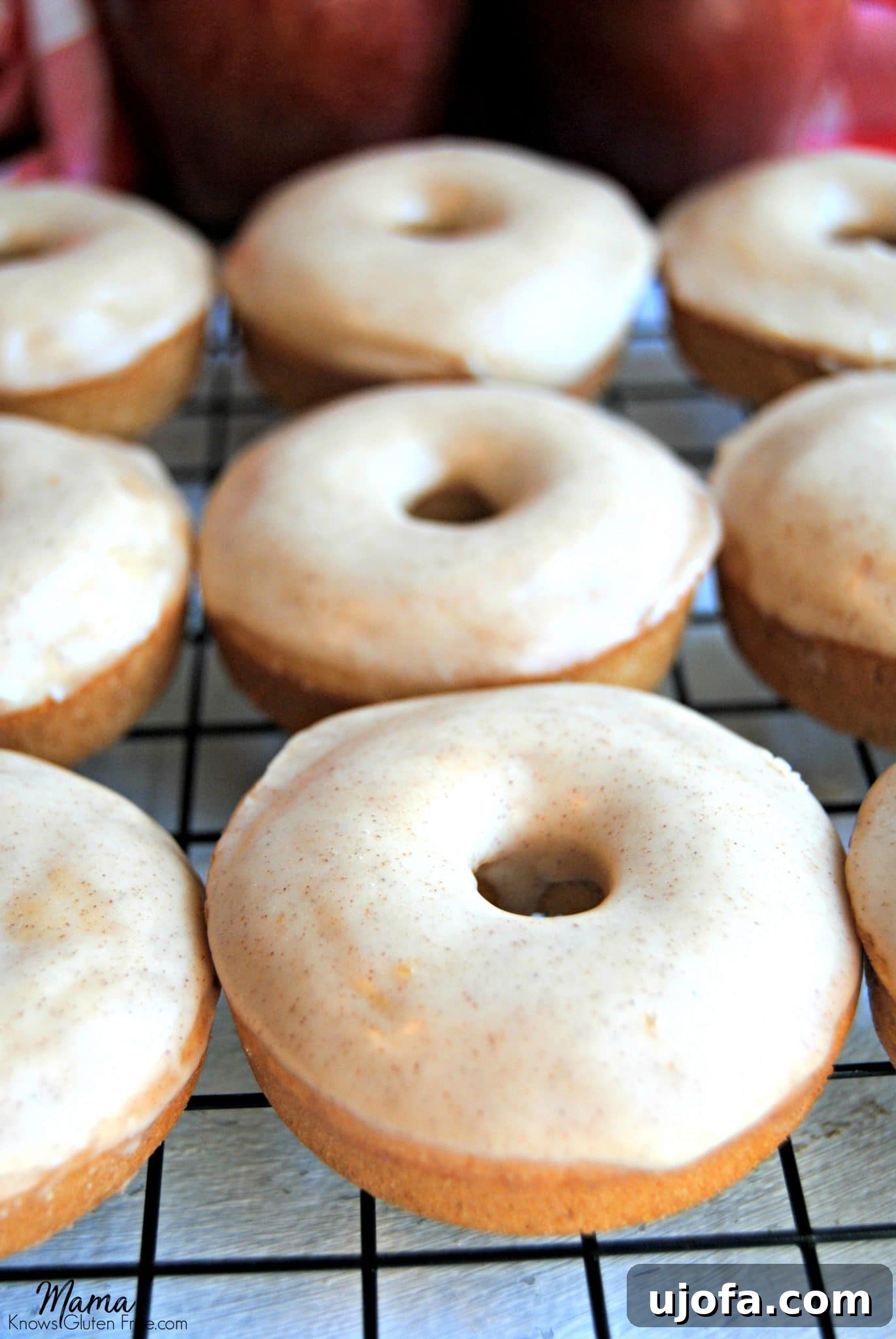 Close-up of baked gluten-free apple cinnamon donuts cooling on a wire rack, ready for glazing.
