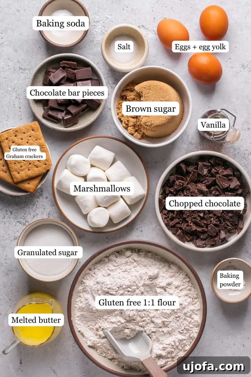 A collection of labeled recipe ingredients in small bowls, including butter, sugars, flour, chocolate, and marshmallows, neatly arranged for preparation.