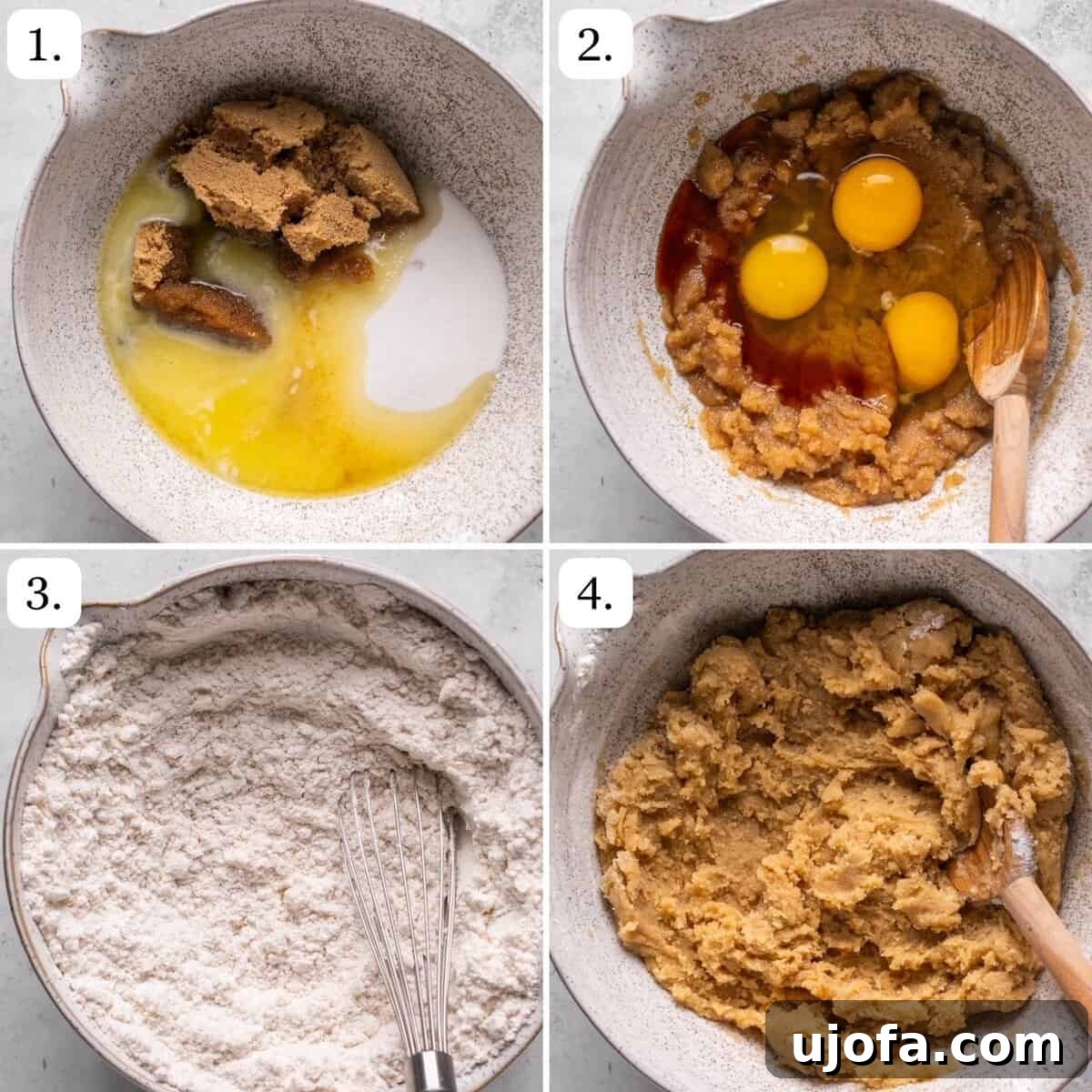 Numbered step-by-step photos illustrating the process of making the cookie dough, from mixing wet ingredients to combining with dry ingredients.