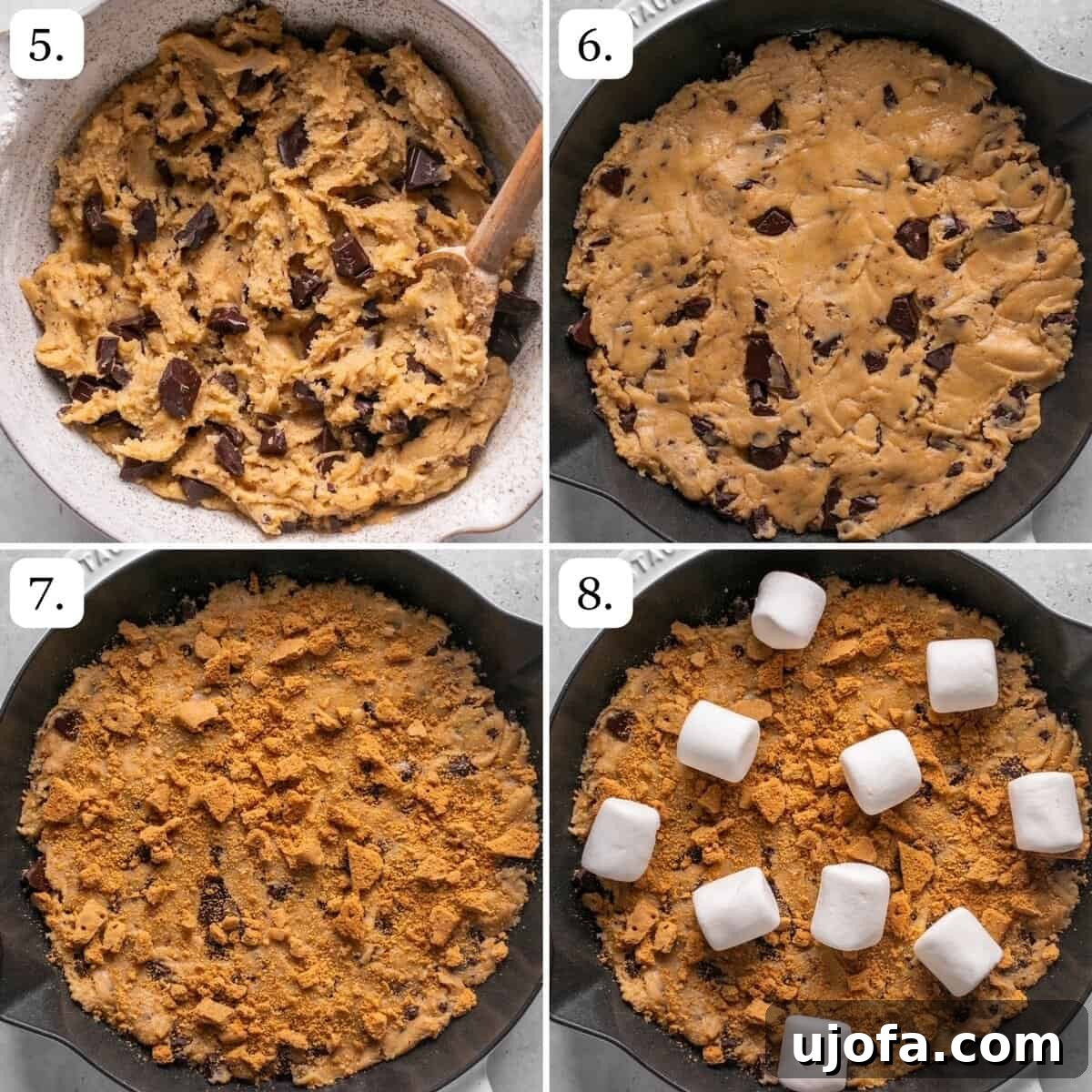 Numbered step-by-step photos demonstrating the assembly of the cookie skillet, layering dough, crackers, marshmallows, and chocolate in the pan.