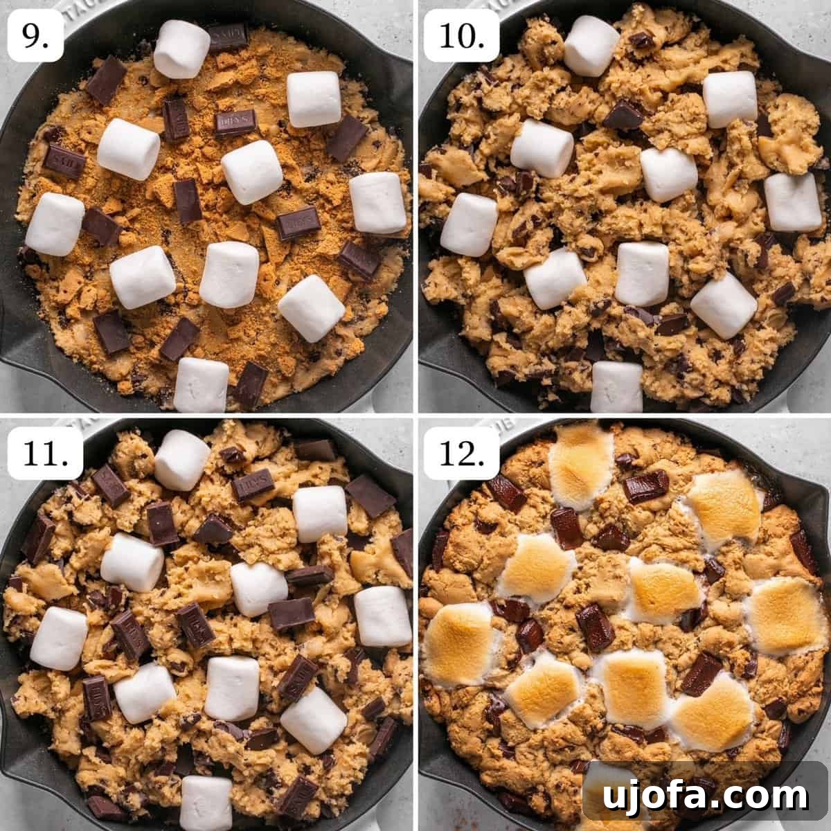Numbered step-by-step photos illustrating the baking process of the s'mores cookie skillet in the oven, showing it transforming to a golden brown.