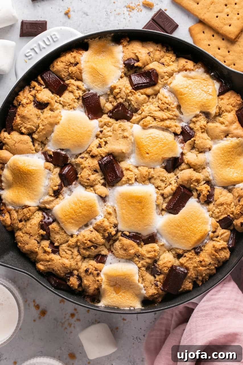 An inviting overhead shot of a s'mores cookie skillet, fresh out of the oven, with perfectly melted marshmallows and chocolate glistening.