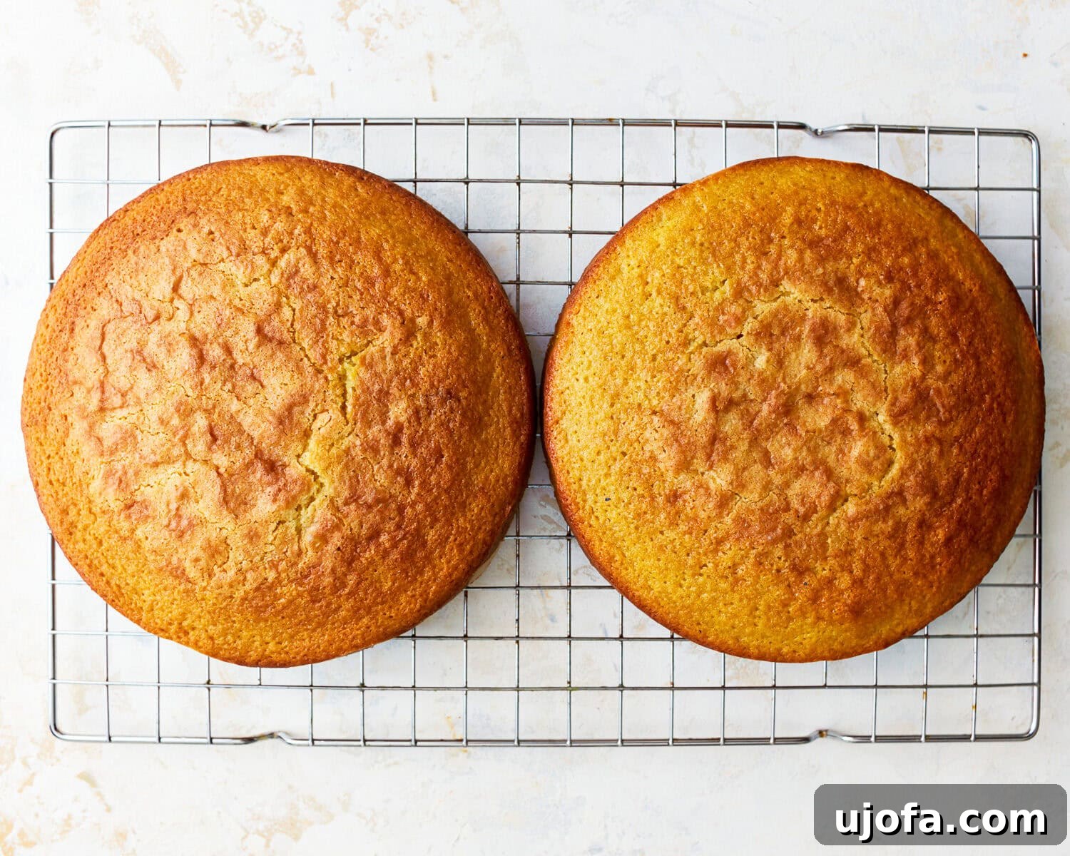 Cakes Cooling on Rack Two freshly baked gluten-free vanilla cake layers cooling on a wire rack.