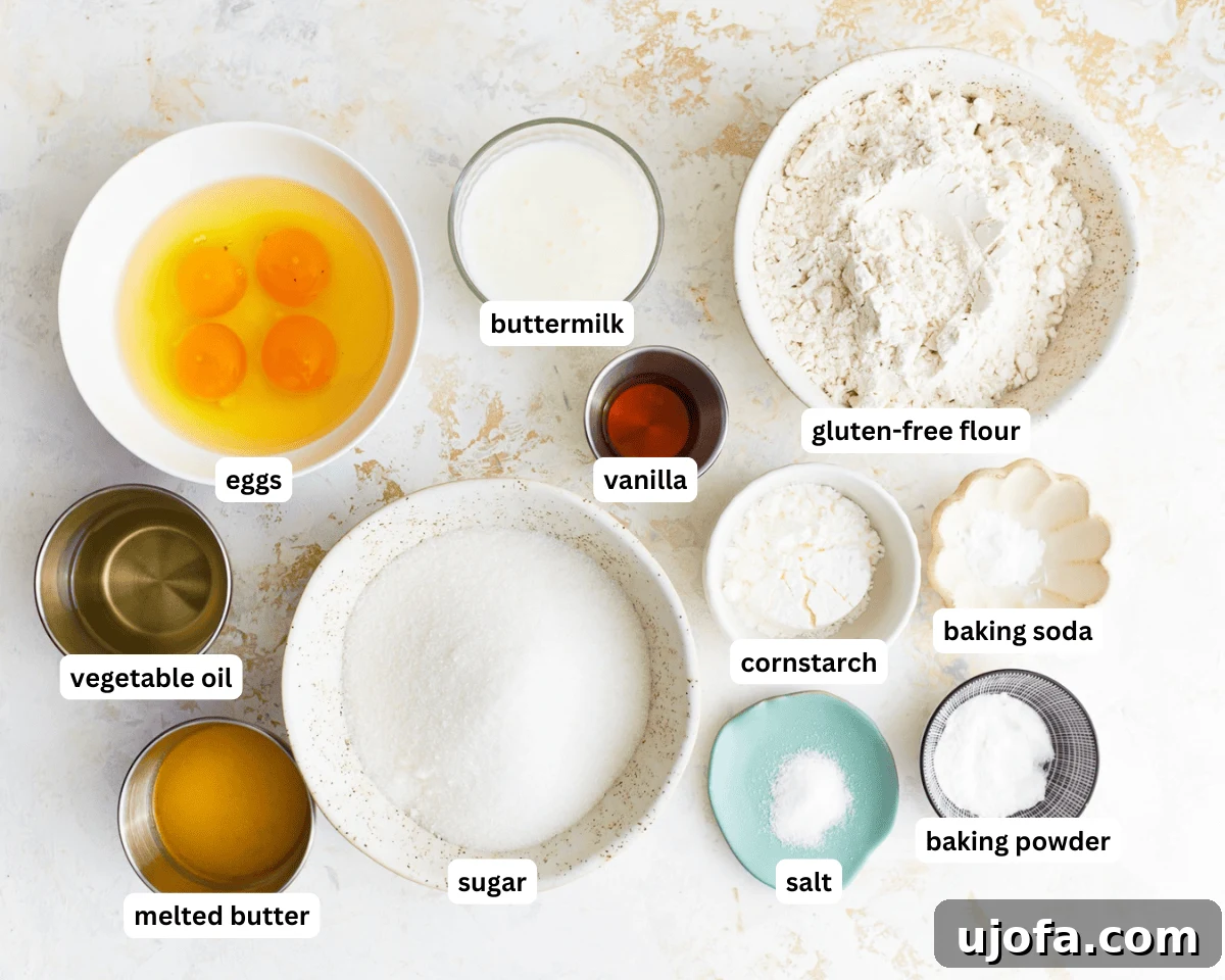 Gluten-Free Vanilla Cake Ingredients All ingredients for gluten-free vanilla cake laid out on a kitchen counter.